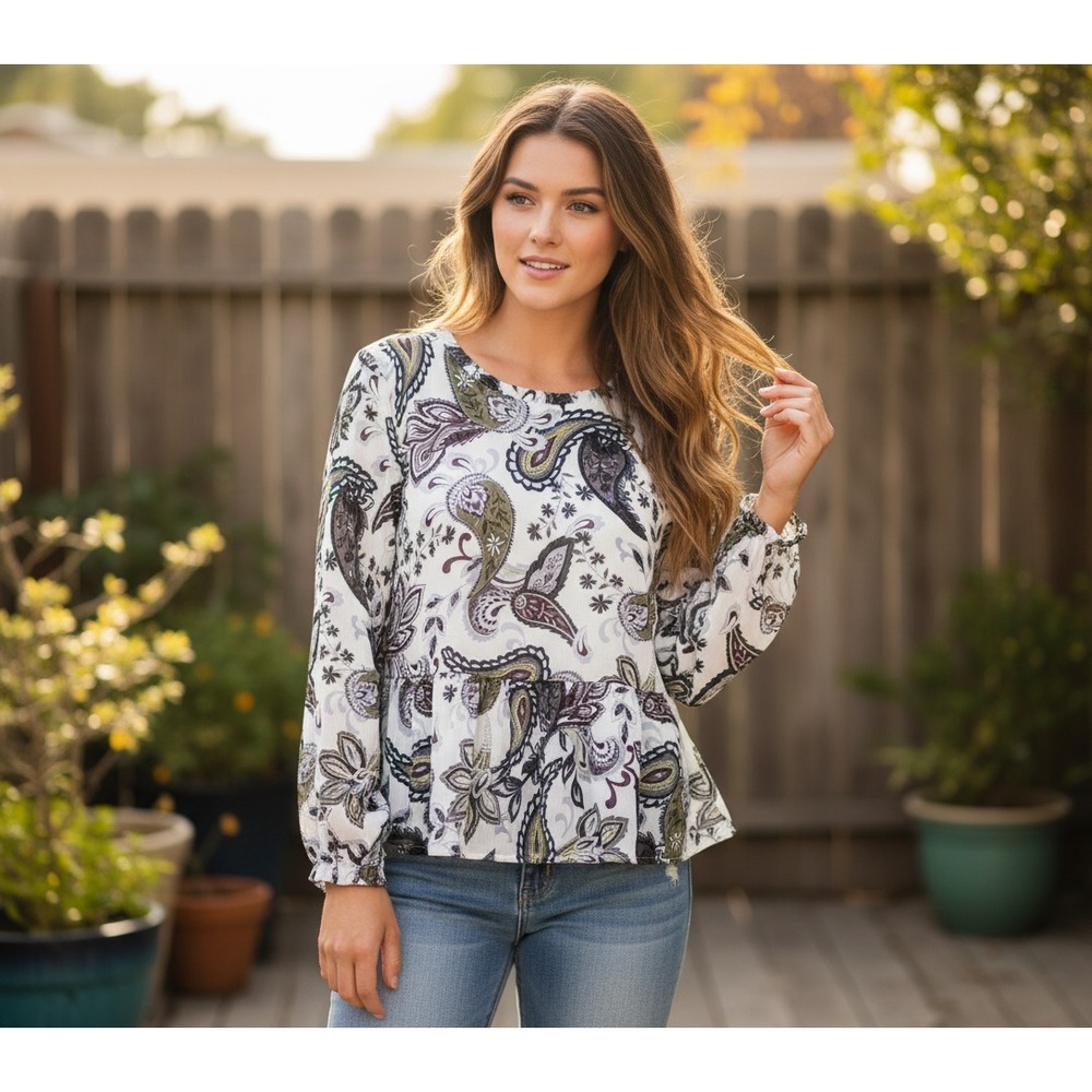 NEW Loft S Top White Purple Paisley Peplum Flowy Boho Coastal Whimsigoth Indie
